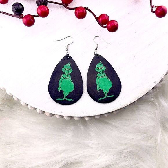 Grinch pu Vegan Leather Teardrop Earrings - Picture 1 of 1